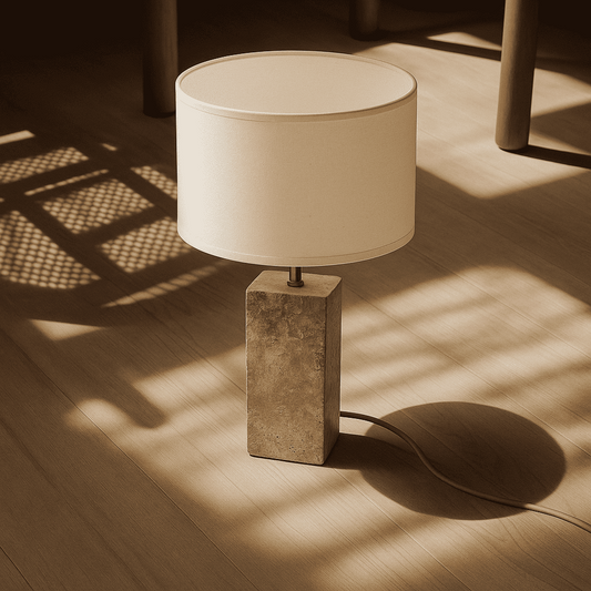 Travertin Lampe Naturstein Baumwollschirm beige weiss SONVELIA