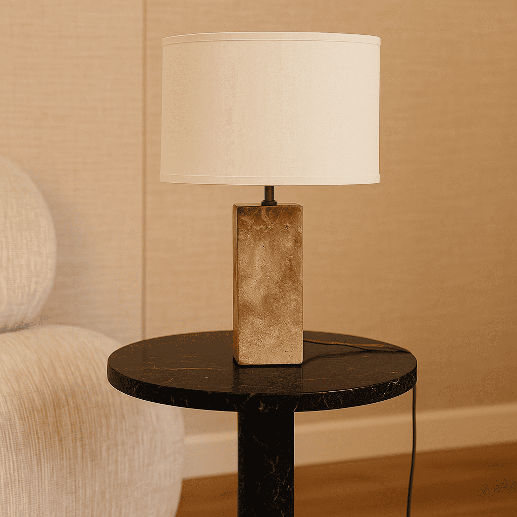 Travertin Lampe - Eleganter Naturstein mit Baumwollschirm