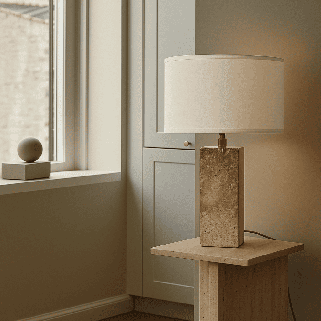 Travertin Lampe - Eleganter Naturstein mit Baumwollschirm