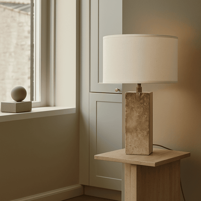 Travertin Lampe - Eleganter Naturstein mit Baumwollschirm