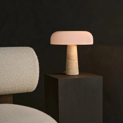 Handgefertigte Travertin Lampe mit Glasschirm beige weiss SONVELIA