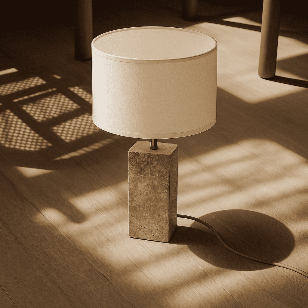 Travertin Lampe  Naturstein Baumwollschirm beige weiss SONVELIA