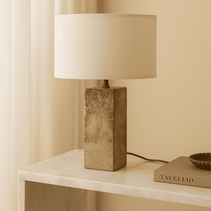 Travertin Lampe  Naturstein Baumwollschirm beige weiss SONVELIA